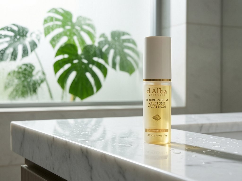Scene: photorealistic shot in a bright, modern bathroom with a humid, tropical feel. The surface is a clean, white