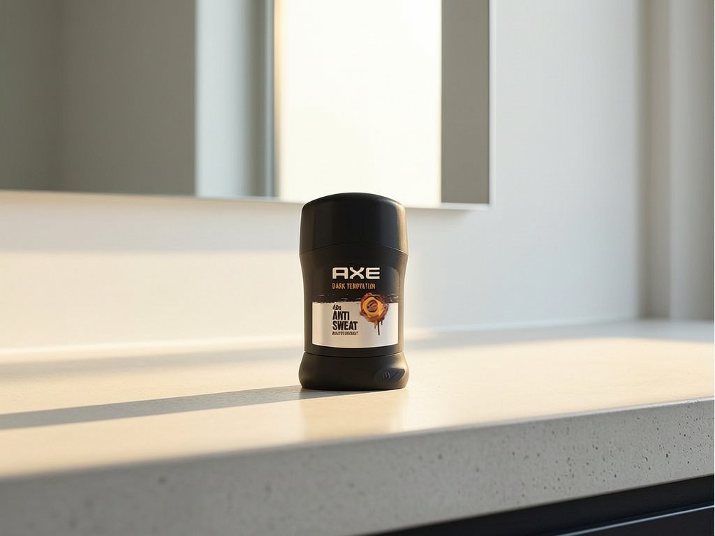 Scene: photorealistic, a single deodorant stick rests on a clean, modern bathroom vanity made of light-colored,