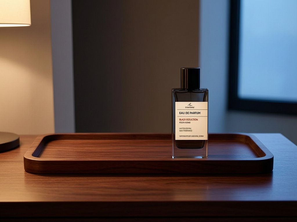 Scene: professional product photography of an empty scene set on a polished dark walnut wood valet tray on a dresser.