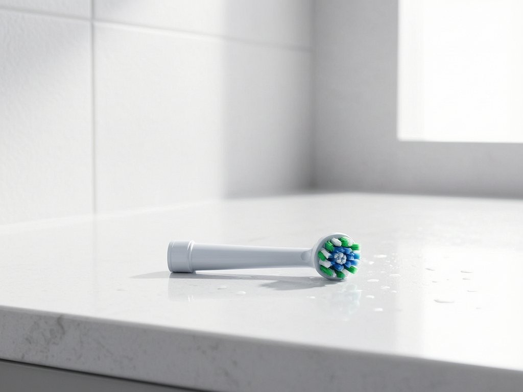 Scene: photorealistic, a single product resting on a clean, modern white quartz bathroom countertop with subtle, light